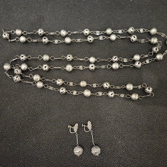 CANNETILLE FILIGREE BALL & LASSO WEDDING NECKLACE WITH MATCHING CLIP-ON EARRINGS - Picture 4 of 13